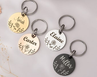 Pet Tag - Cat Collar Tag - Custom Pet Name Tag with Birth Flower - Black Cat Tag Personalized - Cat Name Tag Circle Birth Flower Design