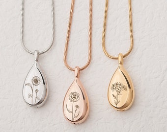 Teardrop Urn Necklace for Ashes - Personalized Birth Flower Keepsake Memorial Necklace - Engraved Birth Flower Cremation Jewelry for Women