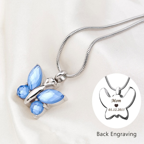 Engraving Butterfly Urn Necklace with Crystal, Memorial Cremation Women Necklace Jewelry  for Human and Pets Ashes, Free Funnel Kit