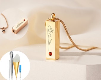 Personalized Urn Necklace for Women - Birth Flower Urn Necklace for Her - Custom Urn Necklace for Human Ashes - Cremation Engraved Necklace