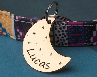 Cat Id Tag - Pet Tag - Cat Tag Personalized - Cat Tag Small - Pet Tags Cat - Cat Name Tag Moon Shape -  Moon and Stars Cat Tag