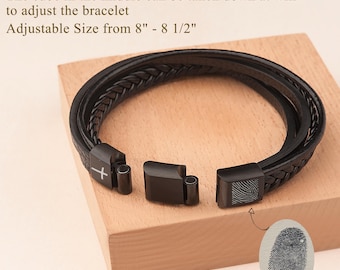 Fingerprint Jewelry Memorial for Men • Multi-Layer Braided Genuine Leather Bracelet with Thumbprint • Engraved Actual Fingerprint Bracelet