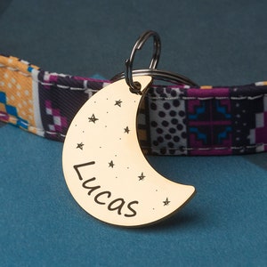 Cat Id Tag - Pet Tag - Cat Tag Personalized - Cat Tag Small - Pet Tags Cat - Cat Name Tag Moon Shape -  Moon and Stars Cat Tag