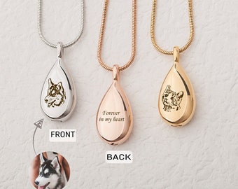 Pet Urn Necklace - Pet Ashes Necklace Engraved Pet Photo Teardrop Urn Pendant - Pet Memorial Gift for Dog Mom - Cremation Jewelry for Her