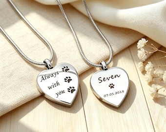 Custom Pet Memorial Heart Urn Necklace - Pet Ashes Cremation Urn - Engraved Paw Print Keepsake Necklace - Loss Pet Sympathy Gift for Dog Cat