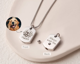 Urn Necklace for Pet Ashes - Custom Pet Photo - Cat Urn Pendant for Ashes - Dog Tag Cremation Jewelry Memorial Urn for Pet Loss Gift for Men