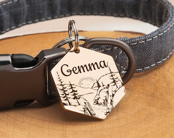 Pet ID Tag - Dog Tag - Tag for Dog Personalized - Mountain Dog Tag - Pet Name Tag Custom Engraved - Dog Collar Tag - Sunrise - Camping