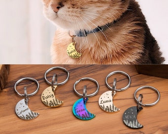 Cat Tag - Cat Tag Personalized - Pet Id Tag - Stainless Steel Pet Tags Cat - Cat Collar Tag - Cat Pet Tag Moon - Woods and Stars Cat Id Tag