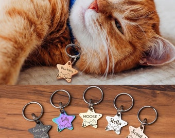 Placa de identificación para gatos - Placa para mascotas - Placa personalizada para gatos - Placa pequeña para gatos - Placas para gatos - Placa con nombre para gatos en forma de estrella - Collar para gatos con estrellas de montaña