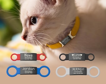 Cat Tags - Slide on Pet Tag - Custom Slide on Cat Id Tag - Pet Id Tag - Cat Name Tag Silent - No Noise Slide Cat Collar Tag - Cat Gifts