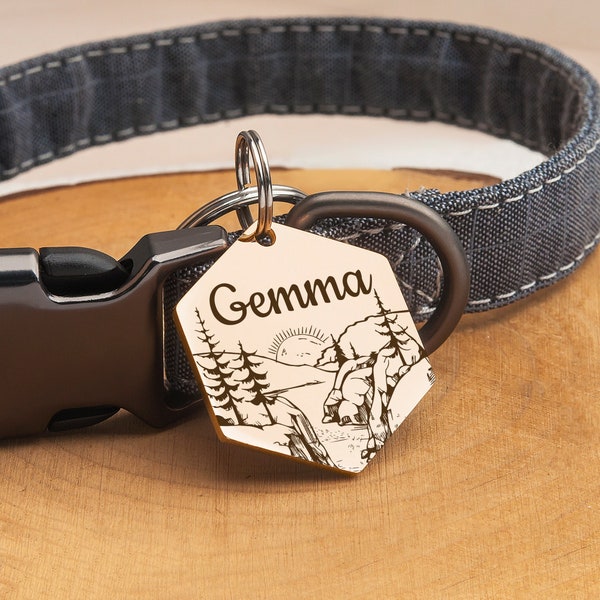 Pet ID Tag - Dog Tag - Tag for Dog Personalized - Mountain Dog Tag - Pet Name Tag Custom Engraved - Dog Collar Tag - Sunrise - Camping