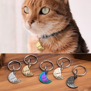 Cat Tag - Cat Tag Personalized - Pet Id Tag - Stainless Steel Pet Tags Cat - Cat Collar Tag - Cat Pet Tag Moon - Woods and Stars Cat Id Tag