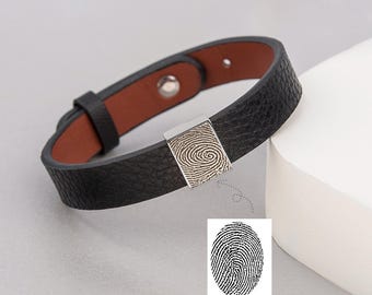 Fingerprint Jewelry for Men • Personalized Actual Fingerprint Bracelet • Genuine Leather Bracelet Adjustable Wristband Memorial Gift for Him