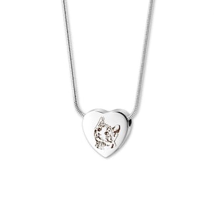 May include: A silver chain necklace with a heart-shaped pendant. The pendant features a laser-engraved image of a cat.