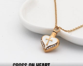 Cross Urn Necklace for Human and Pet Ashes, Personalized Cremation Heart Necklace Jewelry for Loss of Mom Dad, Memorial Gift
