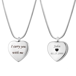 Personalized I Carry You With Me Heart Cremation Necklace, Cremation Jewelry for Ashes, Heart Urn Necklace, with Funnel and Free Gifts Box