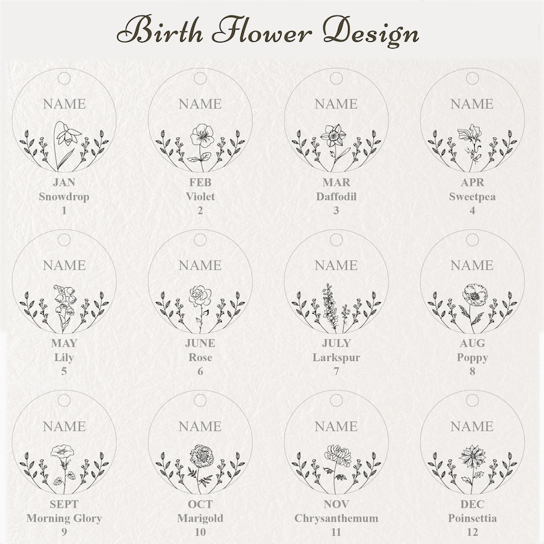 Op de afbeelding: Een grafiek met 12 cirkels, die elk een maand van het jaar voorstellen. Elke cirkel toont een andere bloem en de naam ervan, samen met het nummer van de maand. De grafiek heeft de titel "Birth Flower Design".