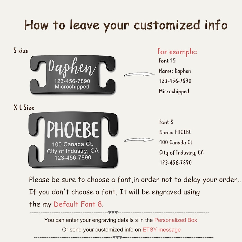 May include: Two black metal dog ID tags with white text. The smaller tag says "Daphen" with a phone number and "Microchipped". The larger tag says "PHOEBE" with an address, phone number, and "City of Industry, CA".
