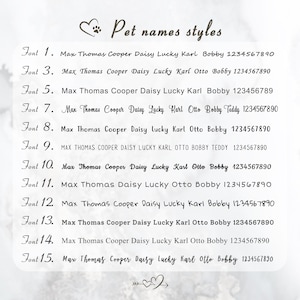 May include: A list of 15 different font styles for pet names, with each style showing the names Max, Thomas, Cooper, Daisy, Lucky, Karl, Otto, Bobby, and Teddy in the font style. The font styles range from simple to more elaborate.