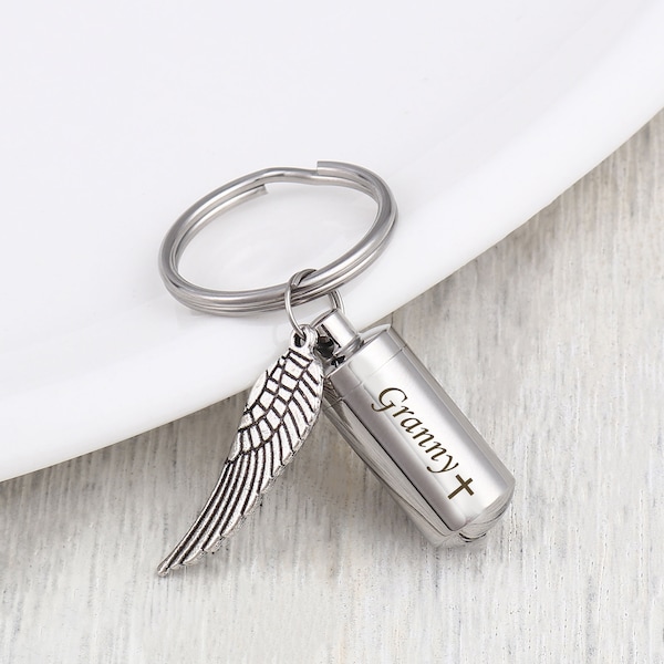 Urn Keychain for Human Ashes - Personalized Cremation Urn Keychain - Memorial Key Ring Angel Wing - Ashes Memorial Grandma - Sympathy Gift