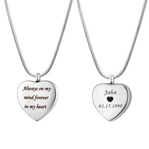 Personalized &quot;Always On My Mind&quot; Cremation Necklace, Memorial Jewelry, Heart Urn Necklace for Ashes, Heart Ashes Necklace, With Funnel Kit
