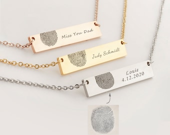 Custom Actual Fingerprint Memorial Necklace - Bar Necklace with Thumbprint and Name - Engraved Fingerprint Necklace Memorial Jewelry