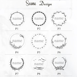 Op de afbeelding: Negen verschillende ontwerpen voor ronde, printbare cadeaulabels. Elk label heeft een andere decoratieve rand en het woord "name" in het midden.