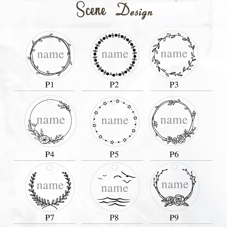 Op de afbeelding: Negen verschillende ontwerpen voor ronde, printbare cadeaulabels. Elk label heeft een andere decoratieve rand en het woord "name" in het midden.