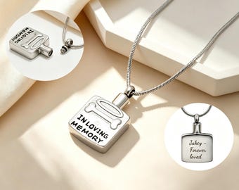 Custom Engraved Dog Urn Necklace - Square Dog Bone Memorial Ashes Necklace - Pet Cremation Jewelry - In Loving Memory Dog Loss Sympathy Gift