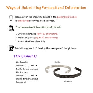 Op de afbeelding: Een gids over het indienen van gepersonaliseerde informatie voor het graveren op een armband. De gids bevat instructies over hoe je de graveerdetails moet invoeren, inclusief de tekst voor de buitenkant en de binnenkant van de armband, en het lettertype dat je moet gebruiken. De gids bevat ook een voorbeeld van een armband met de tekst "XI.XII.MMXX" gegraveerd aan de buitenkant en "forever & always" gegraveerd aan de binnenkant. Het lettertype dat voor het voorbeeld wordt gebruikt is Arial.