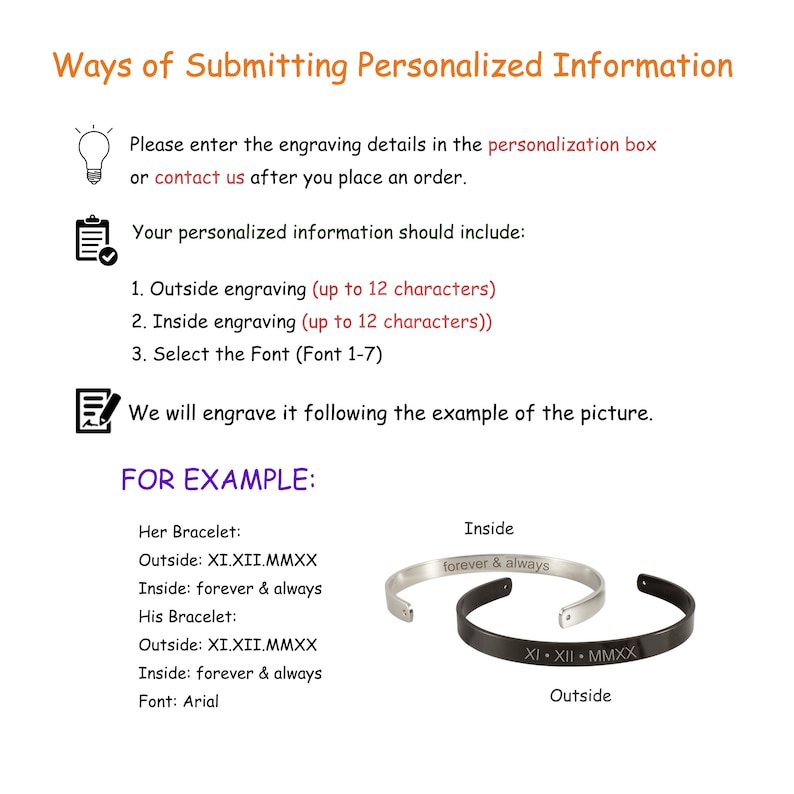 Op de afbeelding: Een gids over het indienen van gepersonaliseerde informatie voor het graveren op een armband. De gids bevat instructies over hoe je de graveerdetails moet invoeren, inclusief de tekst voor de buitenkant en de binnenkant van de armband, en het lettertype dat je moet gebruiken. De gids bevat ook een voorbeeld van een armband met de tekst "XI.XII.MMXX" gegraveerd aan de buitenkant en "forever & always" gegraveerd aan de binnenkant. Het lettertype dat voor het voorbeeld wordt gebruikt is Arial.