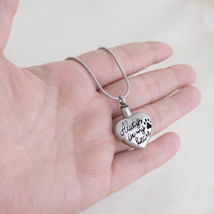 May include: Silver heart-shaped cremation necklace with a paw print and the inscription "Always in my heart".