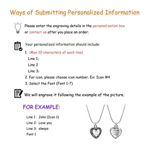 Puede incluir: Una gu&iacute;a sobre c&oacute;mo personalizar un collar con hasta tres l&iacute;neas de texto, un icono y una elecci&oacute;n de fuente. El ejemplo muestra un colgante de coraz&oacute;n plateado con el texto "John Love you always" y un peque&ntilde;o icono de coraz&oacute;n.