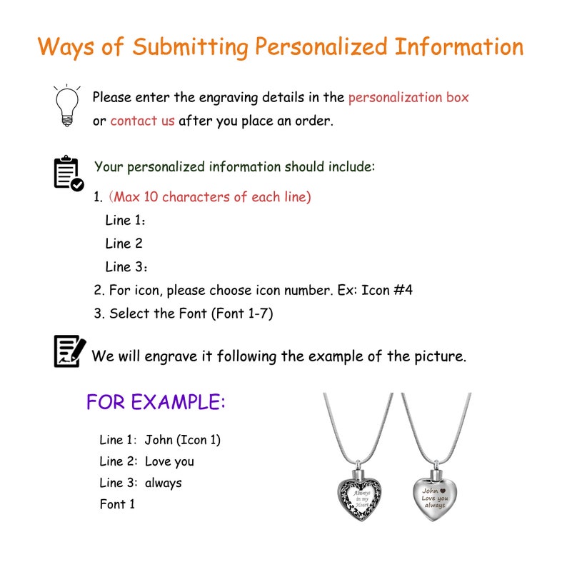 Puede incluir: Una gu&iacute;a sobre c&oacute;mo personalizar un collar con hasta tres l&iacute;neas de texto, un icono y una elecci&oacute;n de fuente. El ejemplo muestra un colgante de coraz&oacute;n plateado con el texto "John Love you always" y un peque&ntilde;o icono de coraz&oacute;n.
