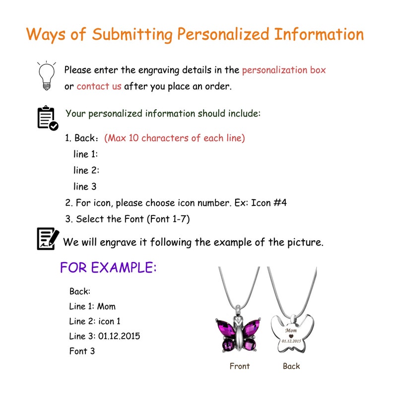 May include: A guide on how to personalize a necklace with engraving details. The example shows a silver butterfly pendant with purple rhinestones. The back of the pendant is engraved with "Mom 01.12.2015".