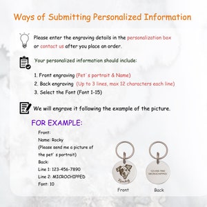 May include: A guide on how to personalize a pet tag with a pet's portrait and name. The example shows a silver pet tag with a dog's portrait and the name "Rocky" engraved on the front. The back of the tag has the phone number 123-456-7890 and the word "MICROCHIPPED" engraved.