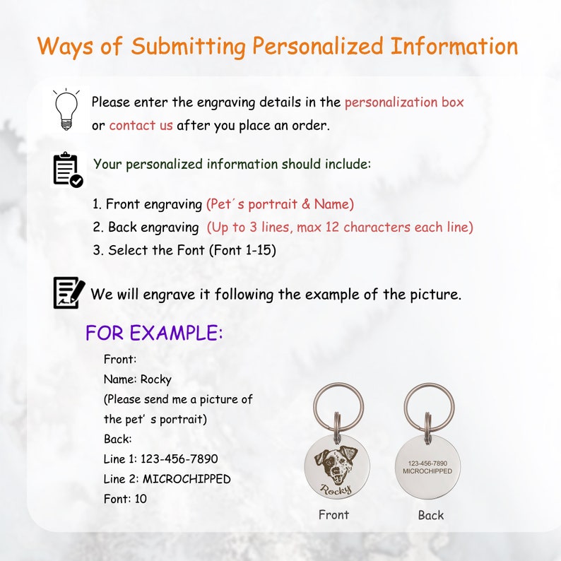 May include: A guide on how to personalize a pet tag with a pet's portrait and name. The example shows a silver pet tag with a dog's portrait and the name "Rocky" engraved on the front. The back of the tag has the phone number 123-456-7890 and the word "MICROCHIPPED" engraved.