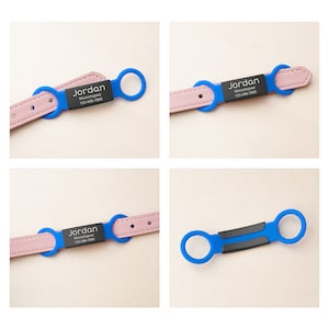 May include: A blue silicone pet collar tag with a black rectangular center plate featuring the white text Jordan, Microchipped, and 123-456-7890. The tag has two circular loops on the ends and is shown attached to a light pink leather collar.