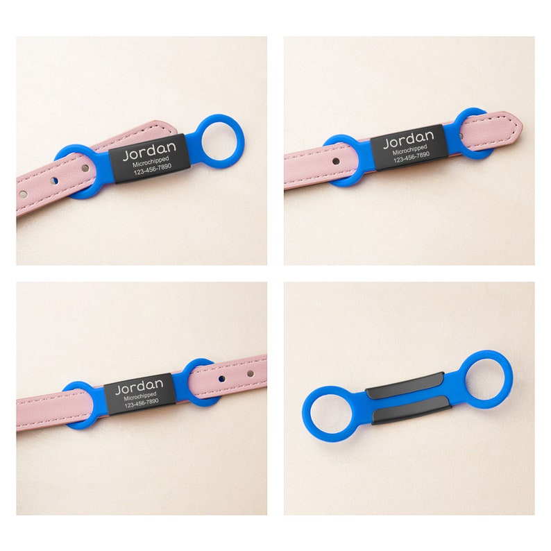 May include: A blue silicone pet collar tag with a black rectangular center plate featuring the white text Jordan, Microchipped, and 123-456-7890. The tag has two circular loops on the ends and is shown attached to a light pink leather collar.