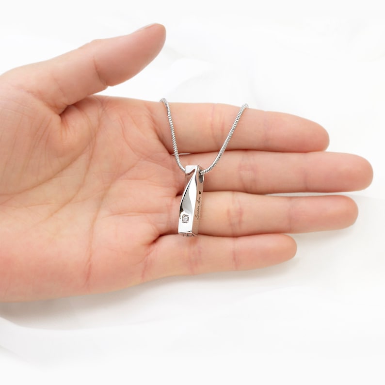Cremation Jewelry for Women - Urn Necklace for Human Ashes - Personalized Twisted Bar Cremation Necklace - Crystal Birthstone Ashes Necklace image 9