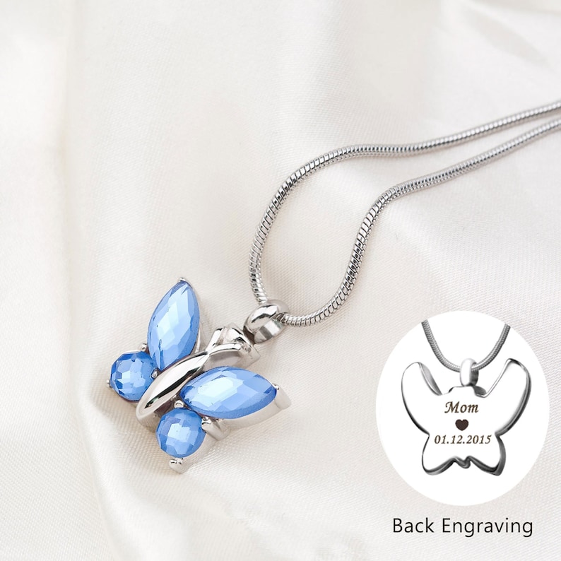 Engraving Butterfly Urn Necklace with Crystal, Memorial Cremation Women Necklace Jewelry  for Human and Pets Ashes, Free Funnel Kit 