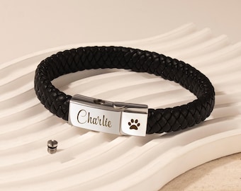 Personalized Ashes Bracelet Dog Urn Bracelet Leather - Custom Cremation Bracelet for Pet Ashes - Engraved Pet Ashes Bracelet Pet Memorial