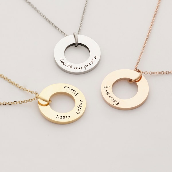 Personalized Washer Necklace, I Am Enough Washer Necklace, Engraving Washer Word Necklace Circle Affirmation Jewelry