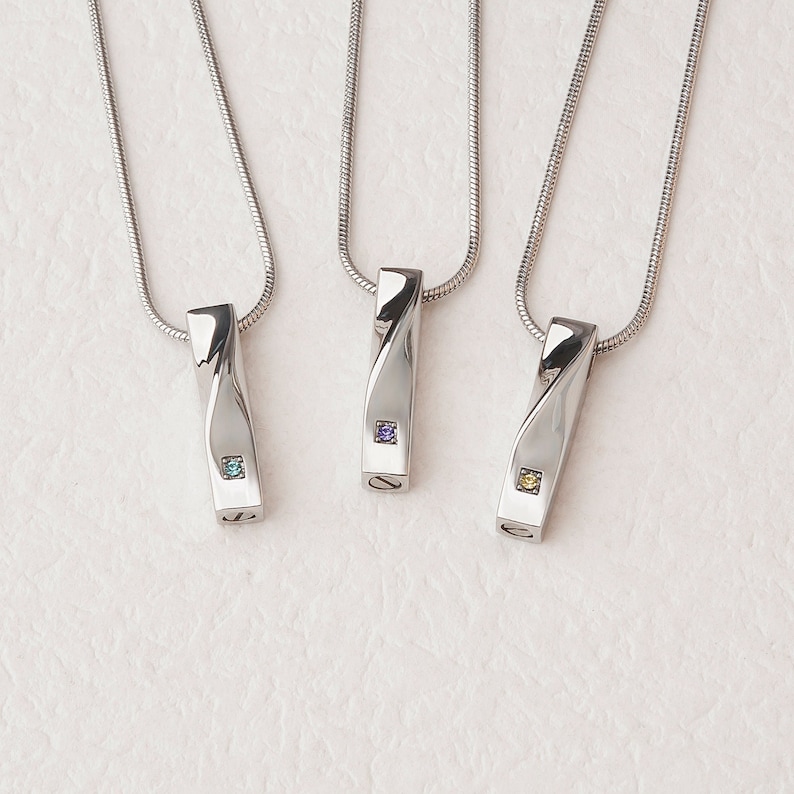 Cremation Jewelry for Women - Urn Necklace for Human Ashes - Personalized Twisted Bar Cremation Necklace - Crystal Birthstone Ashes Necklace image 7