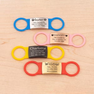 May include: Four silicone pet collar tags with metal plates. The blue tag reads Dexter with paw prints, the pink tag reads SNOOPY with hearts, the yellow tag reads Charlotte, and the red tag reads Willow with contact information and microchip status.