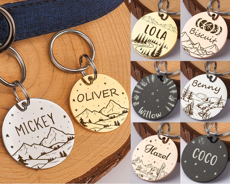 Op de afbeelding: Acht ronde hondenhangers met verschillende ontwerpen en namen. De hangers zijn zilver, goud en zwart met berg-, ster- en maanmotieven. De namen op de hangers zijn Mickey, Oliver, Lola, Biscuit, Willow, Benny, Hazel en Coco.