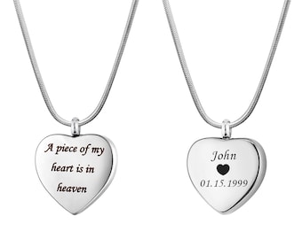 Custom Heart Cremation Urn Necklace Pendant for Human or Pets Ashes, Both sides can be Engraved with Name and Other Text