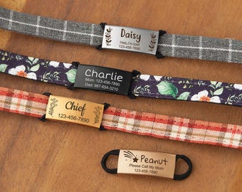 May include: Four personalized dog ID tags with different colored fabric bands. The tags are engraved with the dog's name, phone number, and a message. The tags are black and gold metal.