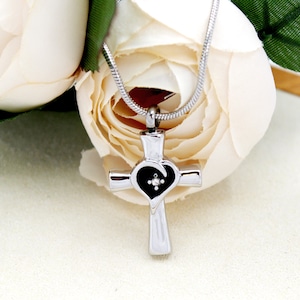 Personalized Black Heart Cross Cremation Necklace, Urn Necklace for Ashes, Memorial Urn Jewelry, Custom Cremation Jewlery, Memorial Gift