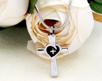 Personalized Black Heart Cross Cremation Necklace, Urn Necklace for Ashes, Memorial Urn Jewelry, Custom Cremation Jewlery, Memorial Gift
